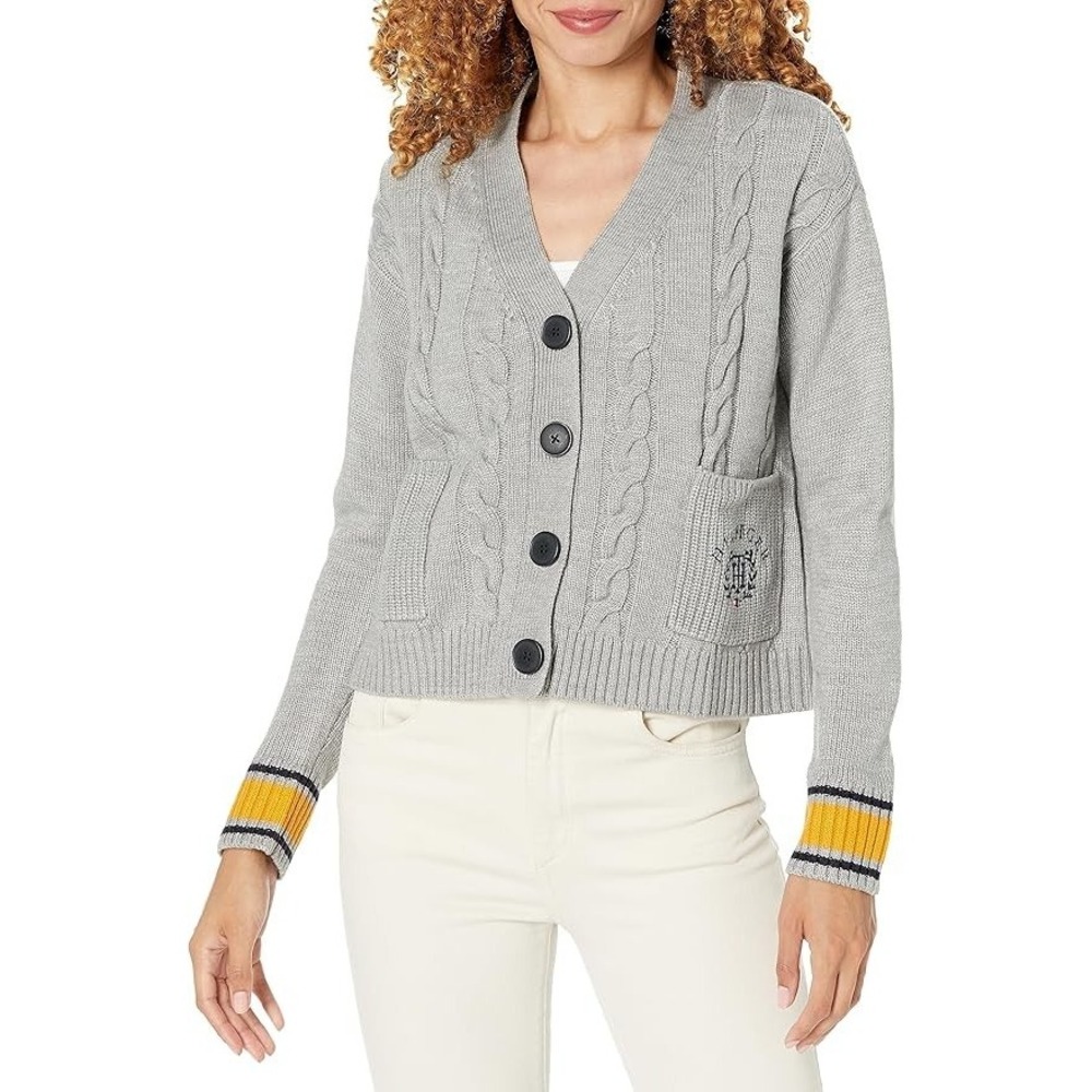 Tommy Hilfiger Womens XS Varsity Cable-Knit Gray Cardigan Sweater Preppy ‎ NWT